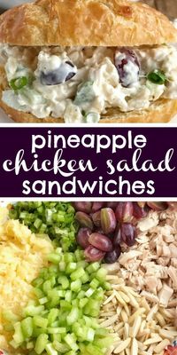 Pineapple Chicken Salad Sandwiches | Chicken Salad | Chicken salad with sweet pineapple, red grapes, green onions, almonds, and celery all covered in a creamy dressing. Serve in croissant rolls or in your favorite bread roll. #easydinnerrecipes #chicken #chickensalad #recipe