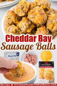 These Cheddar Bay Sausage Balls are cheesy and savory. With only 4 ingredients, they are a fun and quick appetizer that you can make for parties, holidays, or anytime. If you love Red Lobster biscuits, you’ll enjoy these, too.