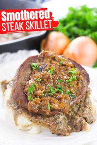 Southern Smothered Steaks have a rich depth of flavor while also being approachable and crowd-pleasing. Steaks are simply seasoned before being quickly cooked in a cast iron skillet. Then, you whip up a creamy, rich onion gravy featuring tender, caramelized onions before returning the steaks back to the skillet and smothering them with that luscious gravy for a brief simmer before serving.