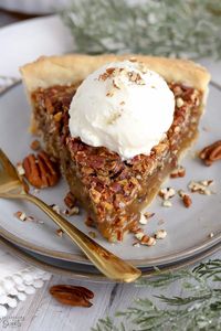 This MAPLE PECAN PIE is made with brown sugar and maple syrup, creating a deep, rich flavor. No corn syrup! #pecanpie #thanksgivingdessert #pierecipe #maplesyrup #maplepecanpie