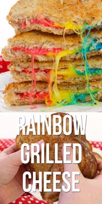 A super simple method for making a vibrant rainbow grilled cheese sandwich - pull it apart to reveal the delicious melted rainbow inside! Perfect for St Patrick's Day or any day that could use a bit of rainbow cheer. #rainbowrecipe #rainbowgrilledcheese #uniquegrilledcheese