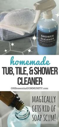 Magic homemade shower cleaner shines, cleans, and disinfects tubs, tile, and glass shower doors with practically no scrubbing to get rid of soap scum, hard water stains, dirt, grease, grime, mold & mildew. Just 3 ingredients (Dawn, vinegar, and essential oils) makes shower clean, shiny, and sparkly! {essential oil cleaner, essential oil shower cleaner, essential oil shpwer spray} #essentialoilrecipes #DIYcleaning #Homemadecleaners #essentialoilcleaning #DIYessentialoil