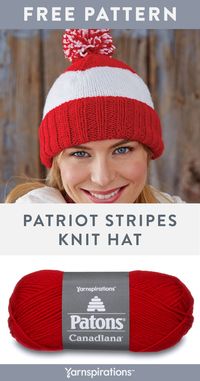 Free Patriot Stripes Hat knit pattern using Patons Canadiana yarn. Create a hat that makes you proud using whatever colors are in your heart. Finish an easy care, original that's ready to keep you warm and show the world your national pride. It makes a unique gift for anyone you know. #yarnspirations #freeknitpattern #kniyhat #knitbeanie #knittoque #christmascrochet #holidaycrochet #diychristmas #PatonsYarn #PatonsCanadiana