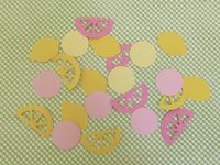 100 pack of pink lemonade confetti/table scatter cut from cardstock---perfect for a birthday party or baby shower! You'll receive  20 yellow lemons (1.5 in),  20 yellow lemon slices  (1.5 in),  20 pink lemon slices  (1.5 in),  20 light yellow circles (1.25 in),  and 20 light pink circles (1.25 in) for a total of 100 pieces.  These can also be used for scrapbooking, stuffing invitations, goodie bag embellishments, and greeting cards.  We're happy to do custom orders---a variety of colors are avai