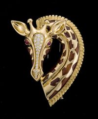 18 karat gold, diamond, ruby and enamel brooch - pin - one-of-two-made - by…