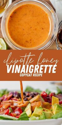 Make a batch of this chipotle honey vinaigrette and look forward to your salads all week! It's sweet from the honey, smoky from the chipotles in adobo, and tastes just like the dressing at Chipotle.