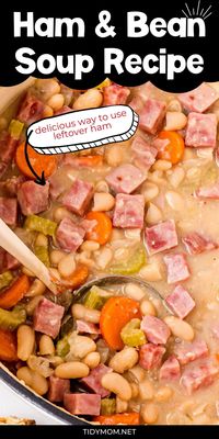 This easy Ham And Bean Soup Recipe mingles nutty cannellini canned beans with tender chunks of smoky ham for an old-fashioned hearty soup favorite. It’s quick, comforting, and a great way to use leftover holiday ham. PRINTABLE RECIPE at TidyMom.net