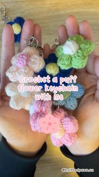 Crochet a puff flower keychain with me 🌼 These are super simple and easy to make and I love giving them out as freebies to my customers! My mistake, not 20SC should be 10SC! #crochet #keychain #crochetkeychain