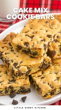 It is easy to make Cake Mix Cookie Bars with just a few staple ingredients! The cookie bars are loaded with chocolate chips, they are chewy, delightfully cakey, and rich.