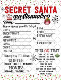 PRINTABLE Secret Santa Questionnaire Printable Shopping List - Etsy