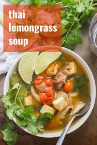 This refreshing Thai lemongrass soup is made with a light gingery broth, pan-fried tofu, cherry tomatoes and fresh cilantro. This healthy soup makes a great starter, healthy lunch, or light dinner. Naturally vegan, vegetarian, and optionally gluten-free! #veganrecipes #vegansoup #thairecipes #tofu #heatlhy soup