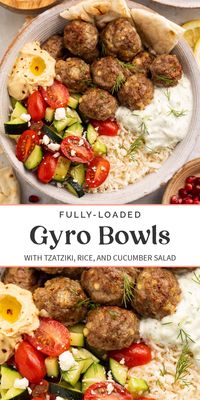 These gyro bowls are loaded and delicious. Lamb or beef meatballs spiced to taste just like roasted gyro meat on a bed of tender lemon rice, topped with creamy tzatziki and a quick tomato and cucumber salad. One of my personal favorite recipes, I could go for this Greek dinner anytime! Better yet, even my kids love them.