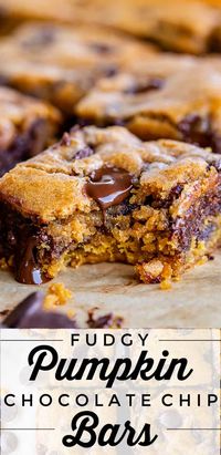 Fudgy Pumpkin Chocolate Chip Bars (Pumpkin Blondies) from The Food Charlatan. These Pumpkin Chocolate Chip Bars are FUDGY just like brownies! You could also call them Pumpkin Blondies. They have the perfect balance of pumpkin flavor, cinnamon-y spices, and warm dark chocolate. They're made in a pot on the stove and are super fast and easy! The melted butter makes them so soft and fudgy. #easy #recipe #pumpkin #Thanksgiving #Halloween #fallbaking #delicious #soft #best #chewy #fudgy #brownies