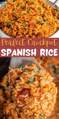 Crockpot Spanish Rice is a delicious side dish to serve with our favorite Mexican Dishes. Easy spices makes this restaurant style Spanish Rice loaded with flavor and easy to make. Slow cooker Spanish Rice is an easy, fool-proof way to make Spanish rice. #eatingonadime #crockpotspanishrice #spanishrice