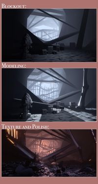 Scene progression by Giselle Valenzuela (blockout-modeling-texturing)