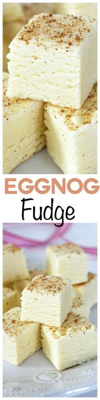 Eggnog Fudge: Creamy eggnog and warm nutmeg, make this fudge taste just like your favorite holiday beverage. This 15 minute treat is great for adding to cookie trays or gifting!