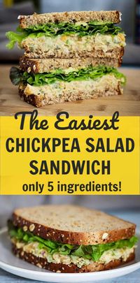 The easiest chickpea salad sandwich recipe ever! This smashed chickpea salad sandwich is made with only 5 simple plant-based ingredients. Great recipe for vegan meal prep, or when you're looking for easy vegan pantry meals. Dairy free, egg free, nut free, gluten free if made with gluten free bread. | vegan sandwich recipes | vegan sandwiches | vegan lunch recipes | #veganlunch #veganrecipes #meatlessmonday #mealprep #veganmealprep #pantrymeals #vegan