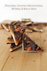 Chocolate, Caramel, Marshmallow, Whiskey & Bacon Bark! Chocolate bark with layers of whisky-infused marshmallow, caramel & bacon.