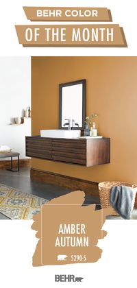 A new wall color is just what you need to refresh your interior design style. When it comes to your next DIY home makeover project, choose the neutral hue of Amber Autumn by Behr Paint. This warm shade of tan gives this modern bathroom a cozy style. Click below for more inspiration.