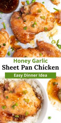 Easy Weeknight Sheet Pan Chicken: Enjoy this honey garlic chicken recipe featuring boneless, skinless chicken thighs baked in a sweet & sticky glaze. Quick to make, this 25-minute meal requires just a few ingredients and is perfect served over rice!