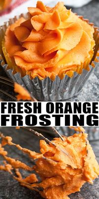 ORANGE FROSTING RECIPE- Quick, easy, fresh, made with simple ingredients, perfect for Summer desserts. This fluffy, creamy orange buttercream icing tastes great on cakes, cupcakes, cookies. Variations like orange cream cheese frosting also included. From CakeWhiz.com #frosting #icing #buttercream #oranges #dessert #dessertrecipes #baking #orange