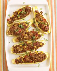 Hollowed-out squash earns kid appeal when filled with a mix of beef, bell pepper, and corn, all topped with Parmesan cheese.