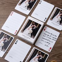 Personalized wedding poker cards: Unique Yetelegant guestbook cards for capturing precious wedding memories! Instead of a traditional guestbook, imagine a deck of playing cards where every card carries a unique memory shared by your guests! 🔹Start with one of your best photos. 🔹Comes with a free marker pen. 🔹54 cards in a deck. 🔹2.5 x 3.5 inches. *If ordering more than one deck, you can customize different pictures for each deck* 🔶Real playing cards ------------------------- All cards are made from cardstock material that has a black/blue core. Smooth surface and easy to shuffle. Custom box (optional - paper, wooden). 🔶Guest Book Alternative ------------------------- These personalized poker decks are designed to be a unique twist on traditional guest books. The back of each card fea