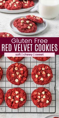 Soft and chewy Gluten Free Red Velvet Cookies are a twist on a classic chocolate chip cookie. Cocoa powder and food coloring in the batter turn them into a vibrantly colored take on the favorite sweet, and impart the lightly chocolate flavor of red velvet treats. These pretty, tender little bites are studded with white chocolate chips for color and extra sweetness.