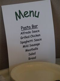 Menu for Pasta Bar -- have adult volunteers help prepare and serve the food!