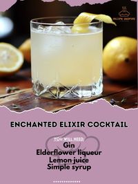 🌟🍸 Enchant your senses with Enchanted Elixir Cocktail! A magical mix that will leave you spellbound! 🌟🧙‍♂️ #EnchantedElixir #MagicalMix Enchanted Elixir Cocktail Ingredients: Gin (1 oz) Elderflower liqueur (1/2 oz) Lemon juice (1/2 oz) Simple syrup (1/4 oz) Club soda (to top) Ice Lemon twist (for garnish) Instructions: Fill a shaker with ice. Add gin, elderflower liqueur, lemon juice, and simple syrup. Shake well and strain into a glass filled with ice. Top with club soda and garnish with...