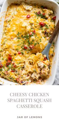 I've been making this Cheesy Chicken Spaghetti Squash Casserole recipe for YEARS and it's still one of my favorites! With 32g of protein and 100+ 5-star reviews, it's a high-protein low-carb meal that's comforting, full of cheesy goodness, and everyone loves. Even my kids are obsessed with this one (and they have no idea that the "spaghetti" is a vegetable)!