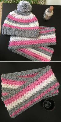 20+ Best Crochet Hat And Scarf Set Ideas. This cute, chunky crochet set in the pictures below was made by Elia Gale and it's nice and warm around your neck and head. The pattern comes in two sizes, that will fit an adult or a child, so you can make this beanie for your family in different colors combinations! #freecrochetpattern #scarf #hat