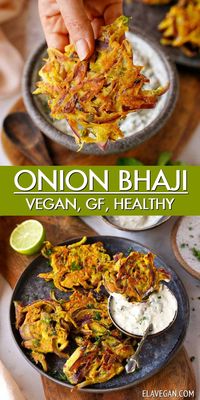 Enjoy crispy, light, flavorful homemade Indian onion bhaji with just one tablespoon of oil per 4 fritters! Combining thinly sliced onions with a spiced chickpea flour batter and pan-fried until crispy, these onion fritters are gluten-free, egg-free, vegan, and a healthy appetizer, snack, or side dish! #onionbhaji #bhaji #onionfritters #bhajirecipe #elavegan | elavegan.com