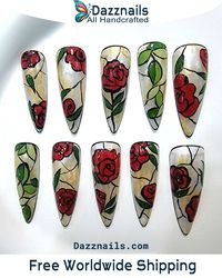 Handmade Flower Rose Press on Nails - Red Spring Elegant Design