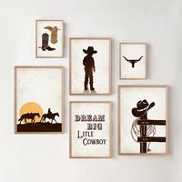 ♥✨SET OF 6 WESTERN COWBOY THEMED SILHOUETTE ART PRINTS WITH A RUSTIC PAPER BACKGROUND✨♥ ✨Why Choose Our Art Prints: * Elevate your child's room with high-quality artwork.  * Delight in the enchanting themes and vivid colors designed to captivate young hearts. * Perfect for nurseries, playrooms, or bedrooms, and makes a thoughtful gift. * Your purchase supports an independent artist who specializes in creating magical art for children.  ✨ Please be aware that this design is an INSTANT DIGITAL DOW