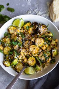 Creamy, delicious, crispy and flavorful Mexican street corn brussels sprouts are the perfect side dish for your next taco night!