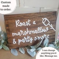 Personalized custom handpainted Wedding Smore Sign, Roast a marshmallow and Party S'more, S'more Sign, S'more Station, Outdoor Wedding, Wedding BBQ, Marshmallow sign by ThePaintedPelicanCo on Etsy  #weddingsigns #weddings #love #wedding #weddingplanning #2026bride #bridetobe #2025bride #create #art #weddingvibe #weddinginspo #handmade #etsy #etsyseller #smores #firepit #winterwedding