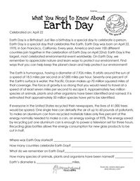 Free Earth Day worksheet for kids. This is a great seat work activity for upper grades (I’ve used it as a daily warm up on Earth Day). The reading level might be too high for younger grade ki…