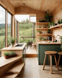 How to make a small kitchen feel bigger: Let in lots of natural light and use open shelving.