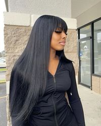 Black layered wig install with bangs