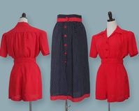 Adorable and rare 1940s three piece set <3 Red and dark blue polka dot fabric. Feels like very fine and smooth cotton. Red glass buttons.  All lovely together or amazing as separates!  Label from Fernqvists, Stockholm.  Measurements: SKIRT Waist 37 cm  Length 74 cm  SHORTS  Waist 37 cm  Hip 110 cm  Length along side 39 cm  Rise 86 cm  BLOUSE  Shoulder 40 cm  Bust 108 cm Waist 92 cm  Length 44 cm  Excellent condition. A little wear to fabric along the zipper on the shorts. The zipper pull is not