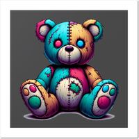 The graphic shows a teddy bear that looks as if it was sewn from different pieces of material. The teddy bear has colorful pieces, including shades of blue, beige and purple. You can also see the seams and darts on various parts of the bear's body, which gives it a vintage or "worn-in" look. His eyes are asymmetric: one is pink and the other is blue. The soles of the feet are decorated with colorful buttons. The background of the image is light, which further emphasizes the details and rich colors of the teddy bear. The whole thing is made in an artistic style with clear and saturated colors -- Choose from our vast selection of art prints and posters to match with your desired size to make the perfect print or poster. Pick your favorite: Movies, TV Shows, Art, and so much more! Available i