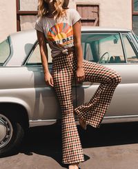 FREE SHIPPING Women Vintage Plaid High Waist Flare Pants JKP3065