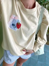 cutie cream/pastel yellow sweatshirt with strawberry and blueberry embroidery <33