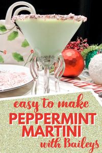 Peppermint martini with Baileys. This Christmas cocktail is perfect for your holiday drinks menu. If you want a dessert like martini, then try this minty peppermint cocktail with a candy cane rim