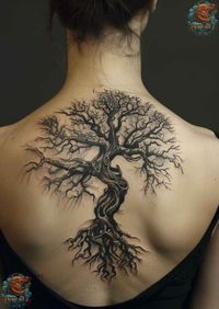 Explore the beauty of nature with this intricate back tree tattoo design, perfectly placed for a dramatic impact. The detailed branches and roots symbolize growth and connection to the earth, ideal for those who feel a deep tie to the natural world. Consider this design for a full-back placement and visit inktat2.com for more inspiring tree tattoos.