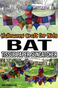 This bat tissue paper suncatcher is an easy Halloween craft for kids to make at home or at school. These tissue paper bat suncatchers are the perfect non-spooky Halloween decorations for preschool and kindergarten children to create. The free printable bat craft template can be used for other projects too!