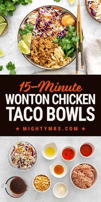 Inspired by Applebees tacos, this deconstructed version is served in a bowl for a quick and easy dinner. This Chicken Wonton Tacos in a Bowl recipe is a delicious dinner perfect for busy weeknights. Adjustable carbs using crispy wonton strips in place of taco shells. Made with ground chicken or any cooked chicken, healthy slaw, stir fry sauce and a creamy sweet chili + Sriracha finishing sauce. Wonton strips add that taco crunch. Garnish with cilantro and lime for extra flavor.