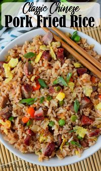 Pork fried rice is flavorful and comes together in 20 minutes. Perfect with my Chinese BBQ pork. You'll never get take out again! #takeout #chinesefood #friedrice