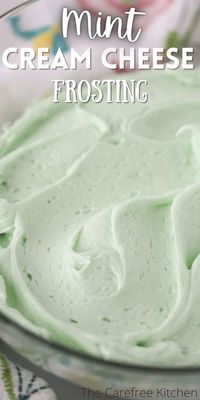 This easy Mint Cream Cheese Frosting is a delicious way to finish cakes, cupcakes, brownies, sandwich cookies, and more. It’s light and fluffy, sweet and tangy, and takes just a few minutes to whip up. #thecarefreekitchen #frosting #creamcheese #mint #peppermint #dessert